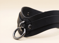 A black leather choker necklace with a metal ring and buckle.