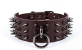 A close-up image of a brown leather choker necklace with spikes protruding from it.