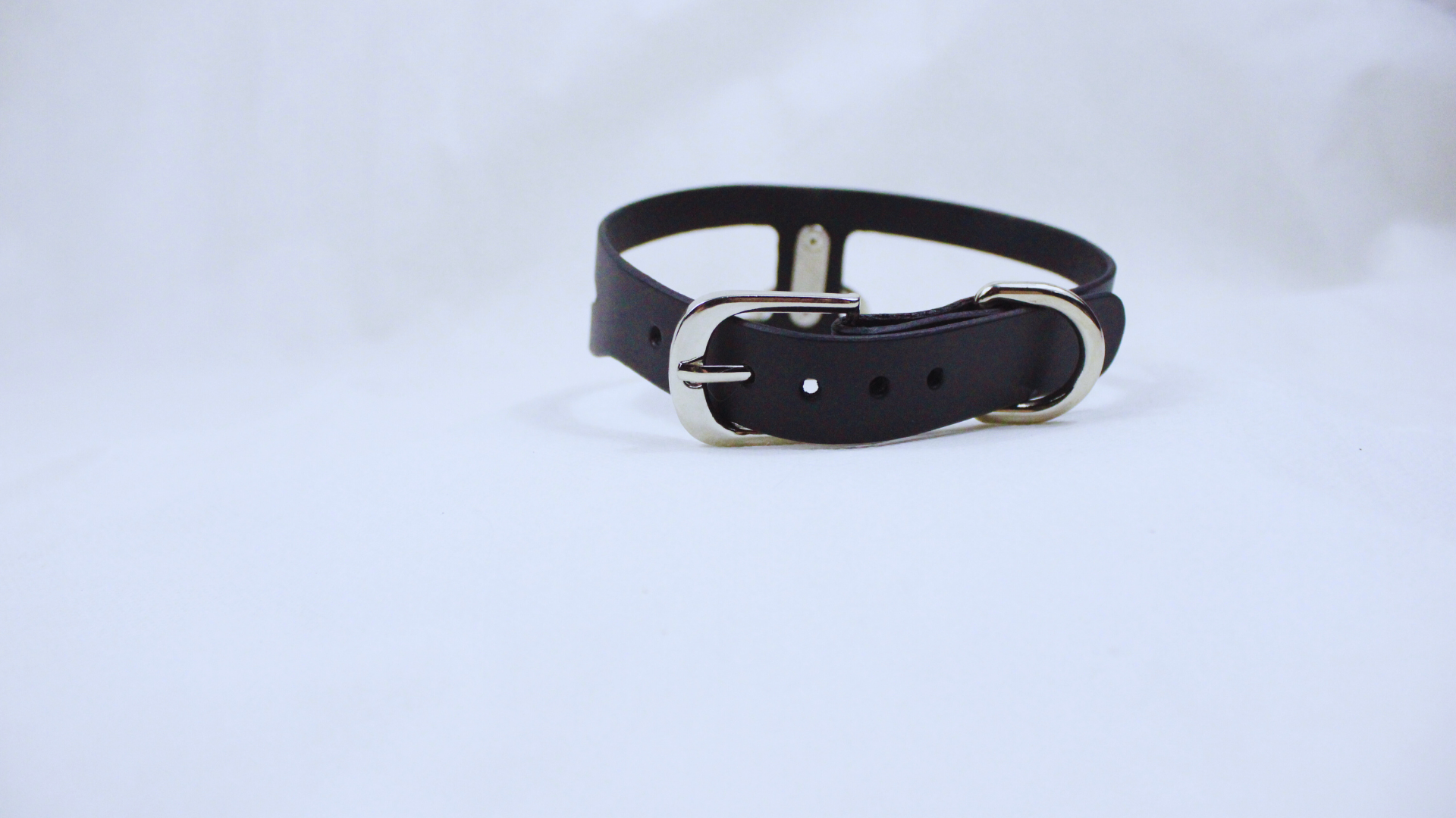 A black leather choker necklace with silver metal rings is shown against a white background.