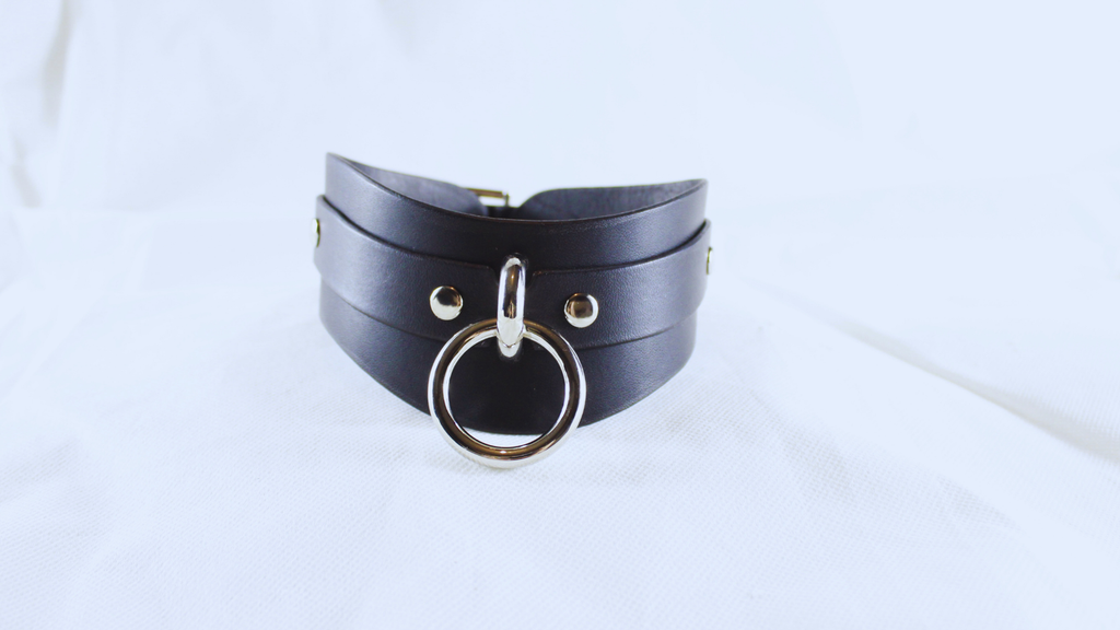 A black leather choker necklace with a silver ring and buckle.