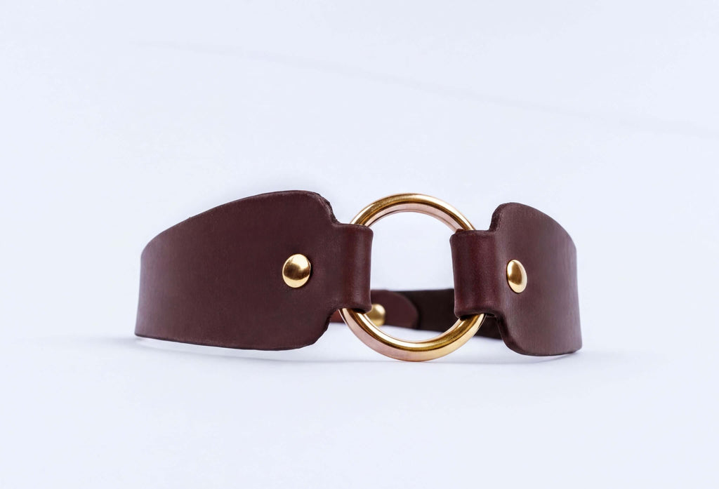 A brown leather choker necklace with a gold-colored circular buckle.