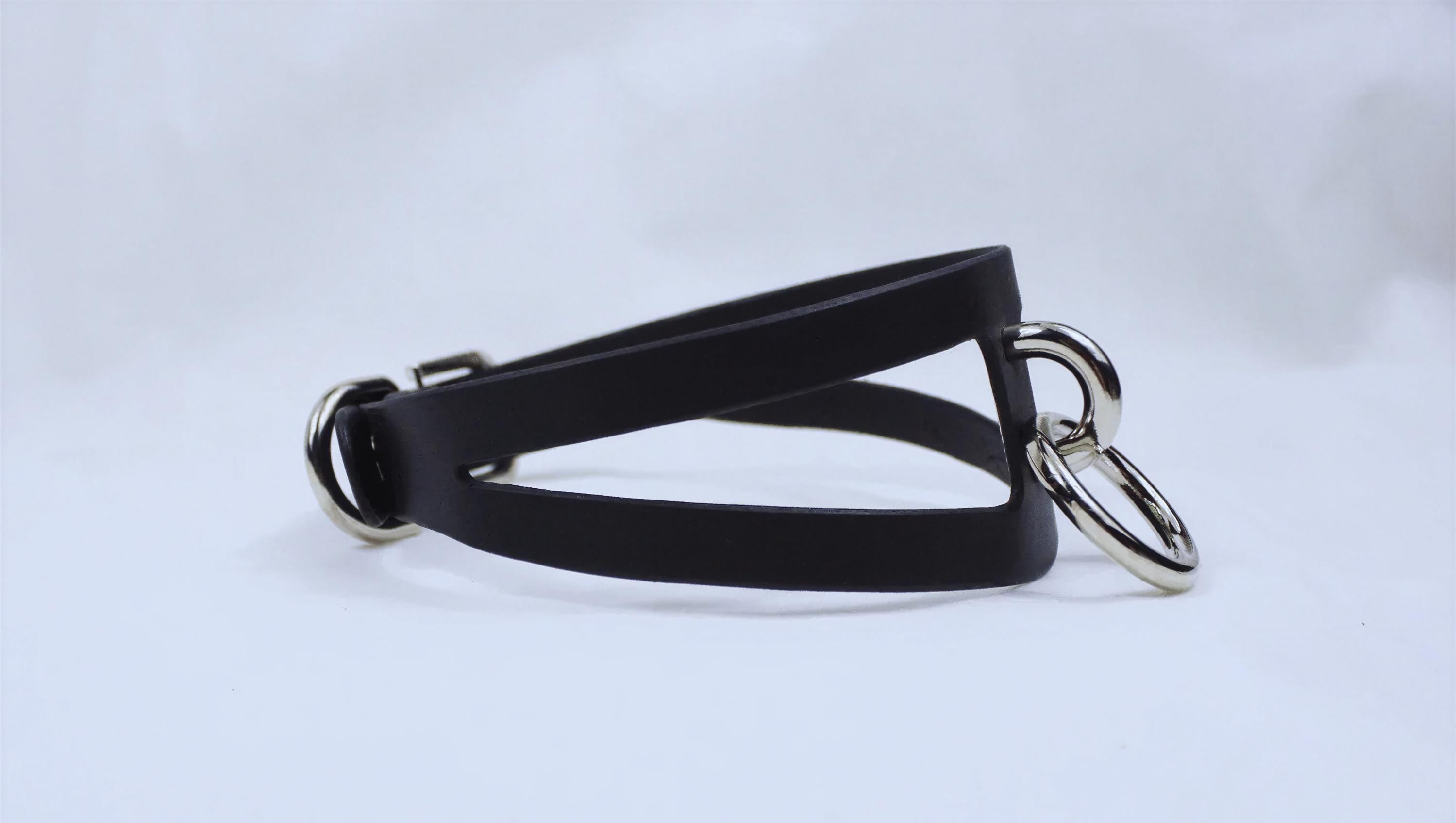 A black leather strap with metal rings attached to it, resting on a white background.