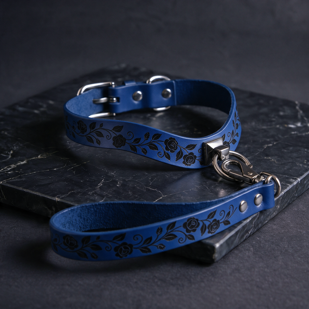 A blue leather collar with a floral pattern and a matching leash attached to it, resting on a dark surface.