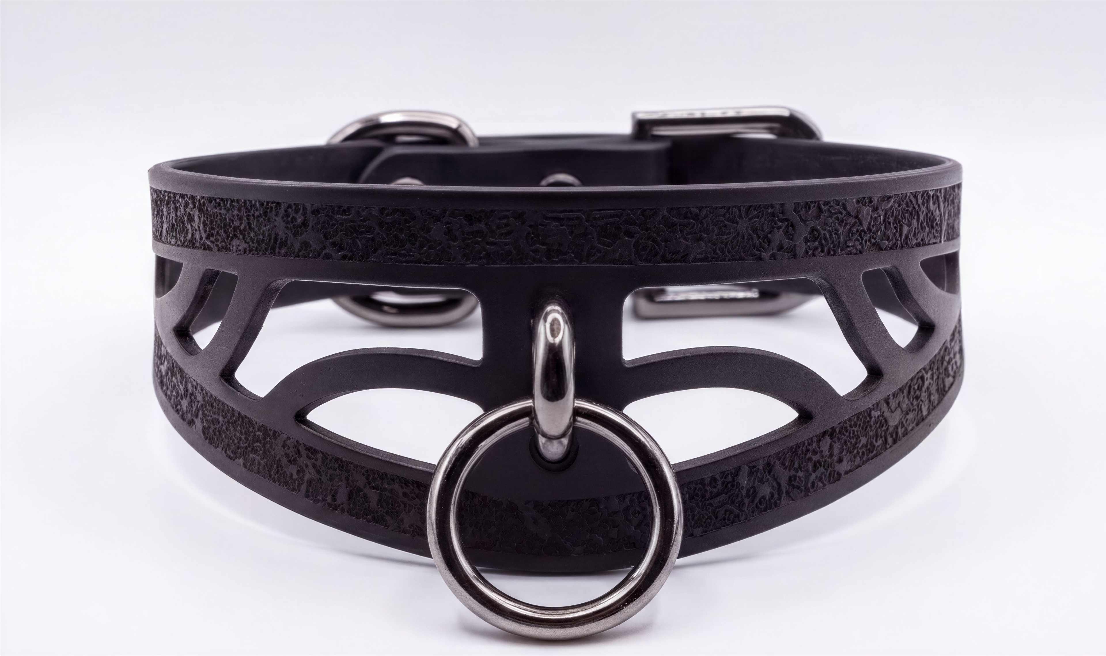 A black leather choker necklace with a metal ring and a metal buckle.