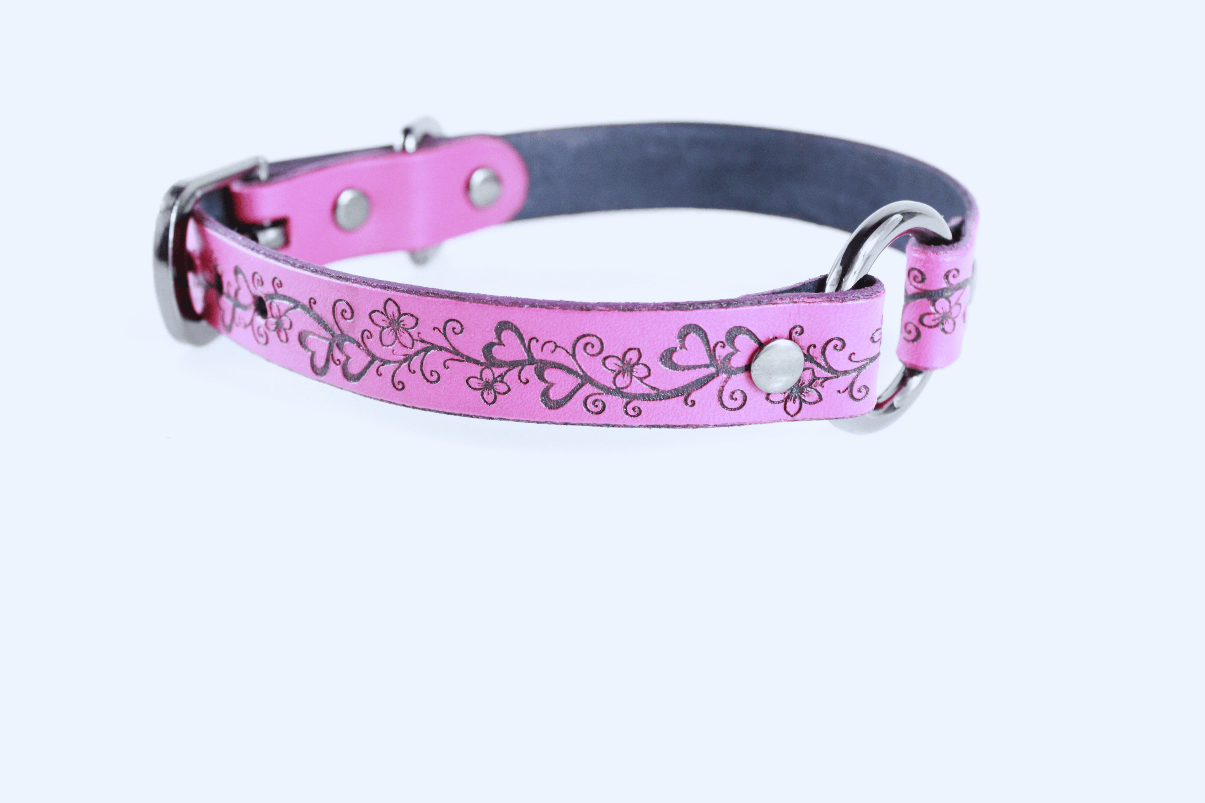 Heart Collar BDSM Pink Floral Vine Leather Choker with delicate heart and vine design.