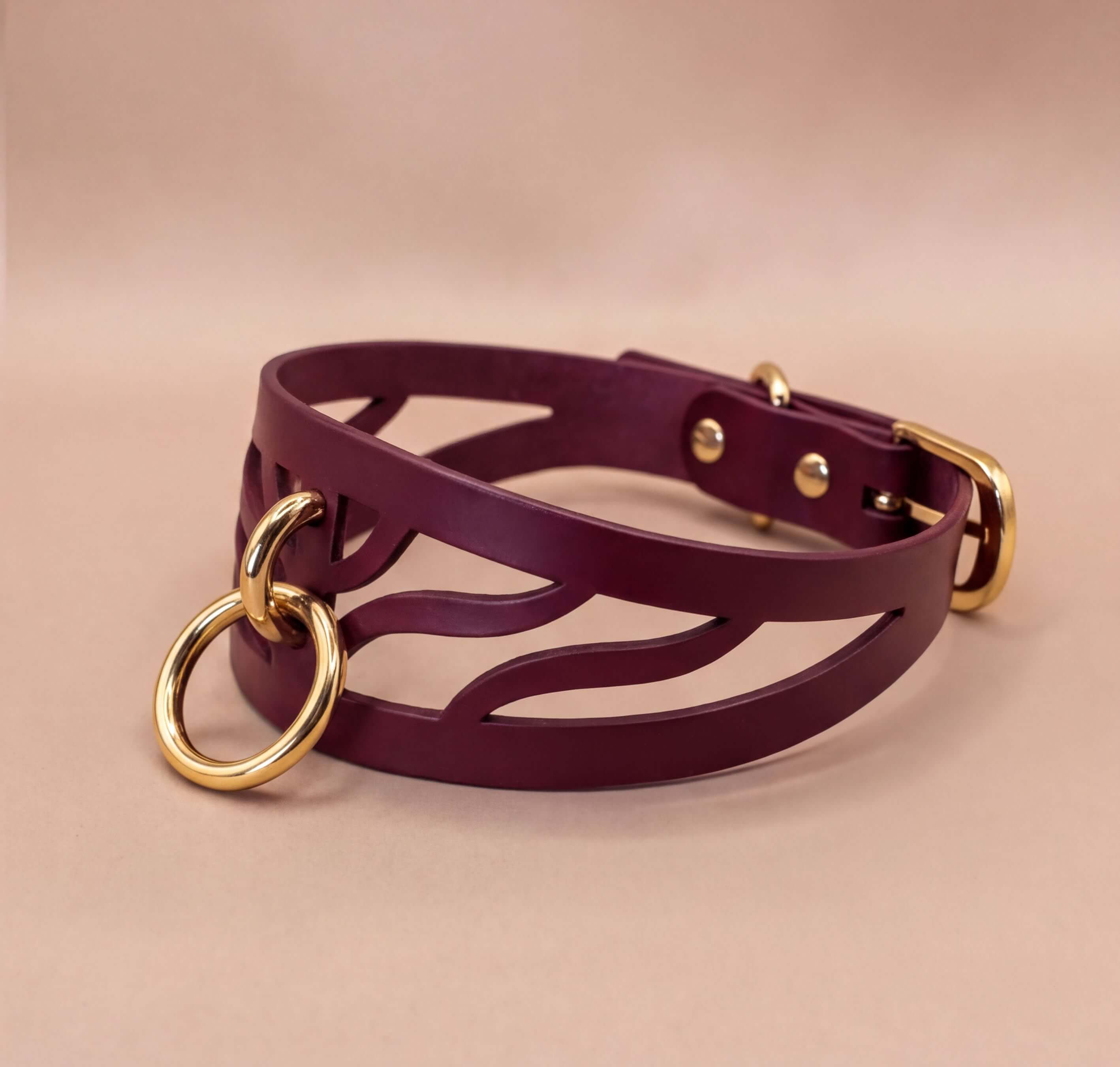 A burgundy leather choker necklace with a gold-colored metal ring and buckle.