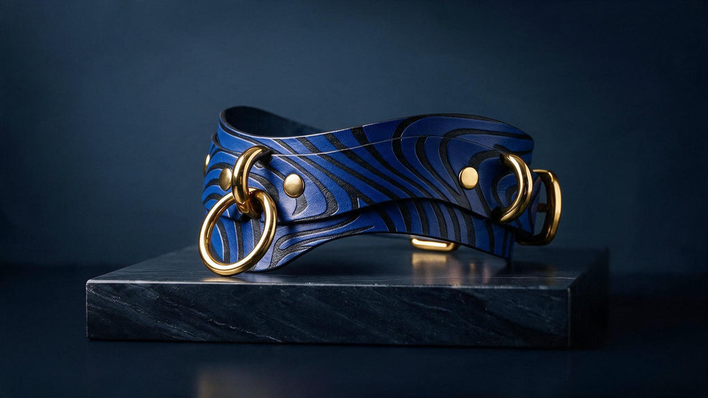 A striking blue and gold leather strap with gold-colored metal rings and buckles, displayed on a black marble pedestal against a dark background.