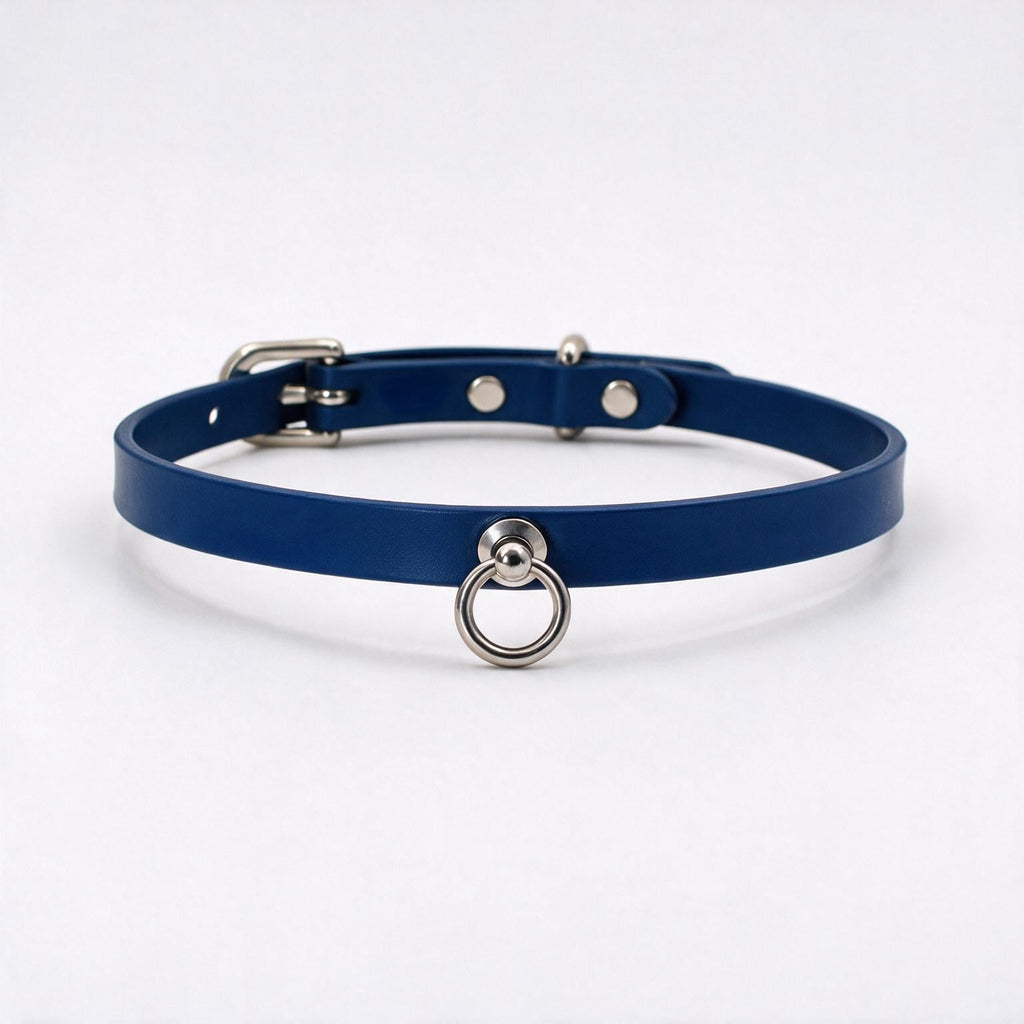 A blue leather choker collar with a metal ring and buckle.