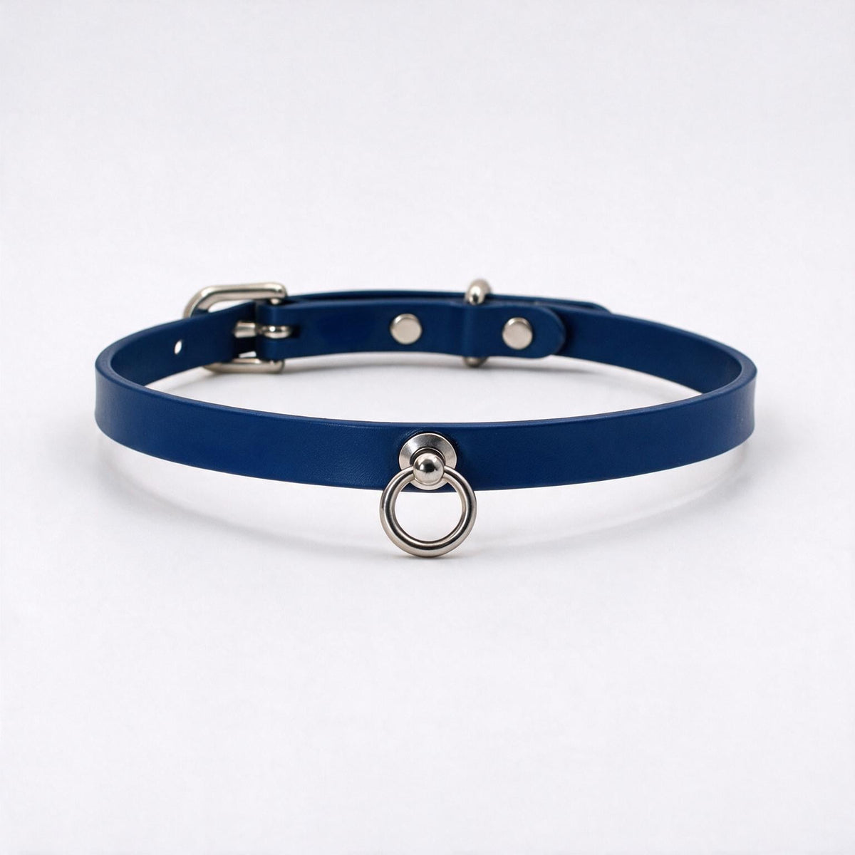 A blue leather choker collar with a metal ring and buckle.