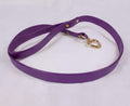 A purple leash with a gold heart-shaped tag attached, resting on a white surface.
