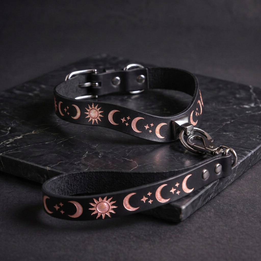 A black leather collar with a metallic buckle and a matching black leather leash with a metallic hook attached, both featuring a design of suns and crescent moons on a dark background.