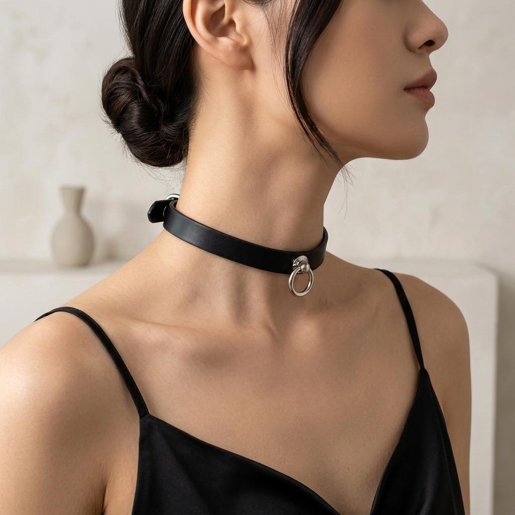 A woman wearing a black choker necklace with a metal ring on it, posing against a plain background.