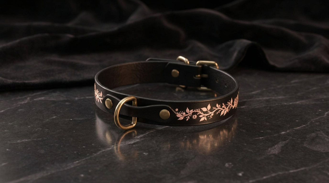 A black leather collar with a floral design on it, resting on a dark surface.