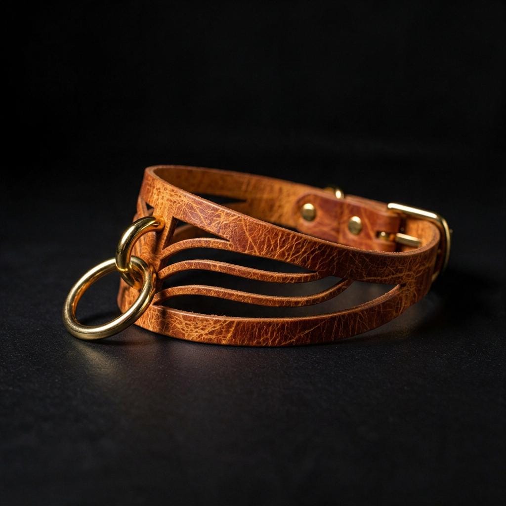 A brown leather collar with a gold-colored buckle and a unique cutout design.