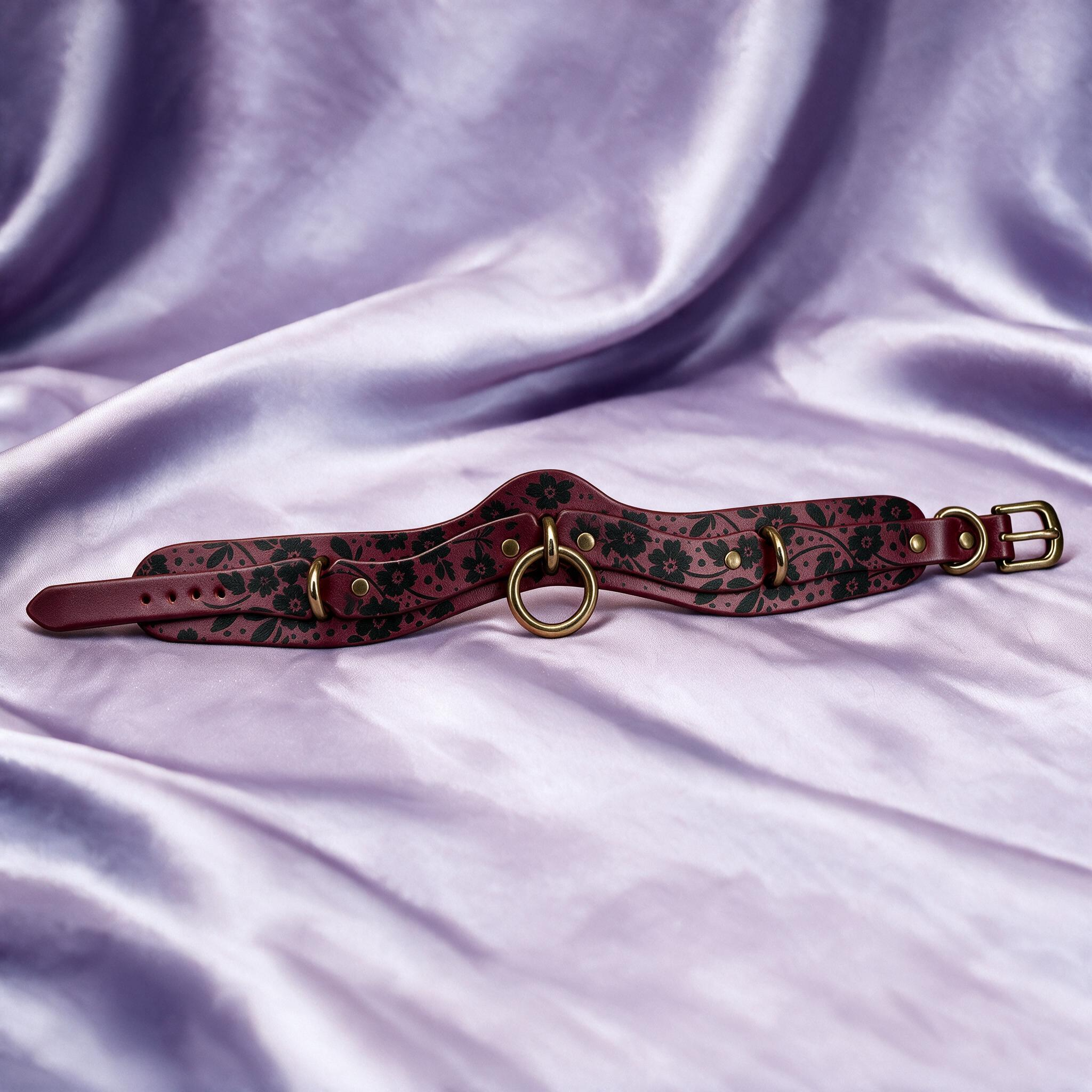 A burgundy-colored choker collar with a floral pattern and metal rings is displayed on a purple fabric background.
