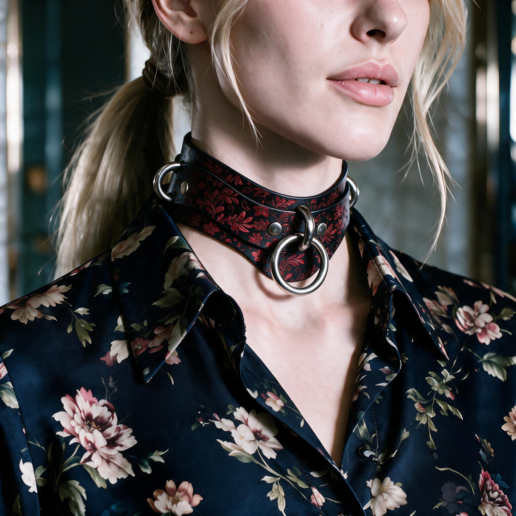 A close-up of a woman wearing a choker necklace with a floral pattern and a dark-colored blouse with a floral print.