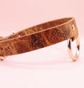 A brown leather dog collar with a floral design and two metal rings on the sides.