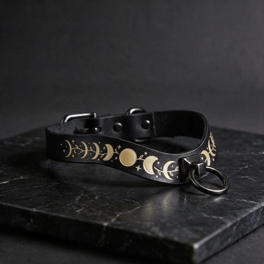 A black leather collar with a gold moon and star design on it, resting on a dark surface.