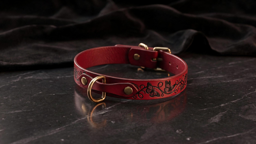 A red leather collar with a gold buckle and floral design is displayed on a dark surface.