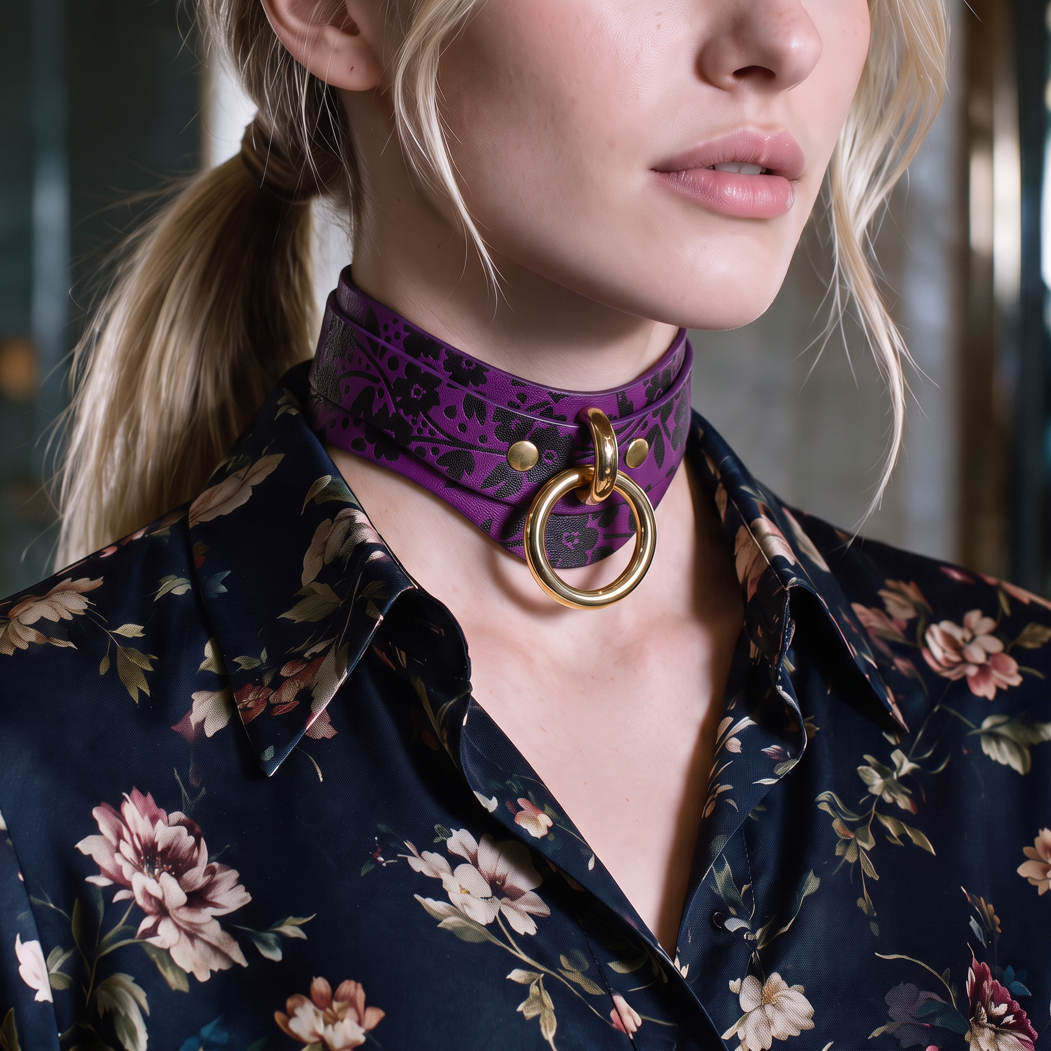 A close-up of a woman wearing a purple choker necklace with a gold ring, and a floral print blouse.