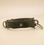 A dark green leather collar with metal rings and a buckle.