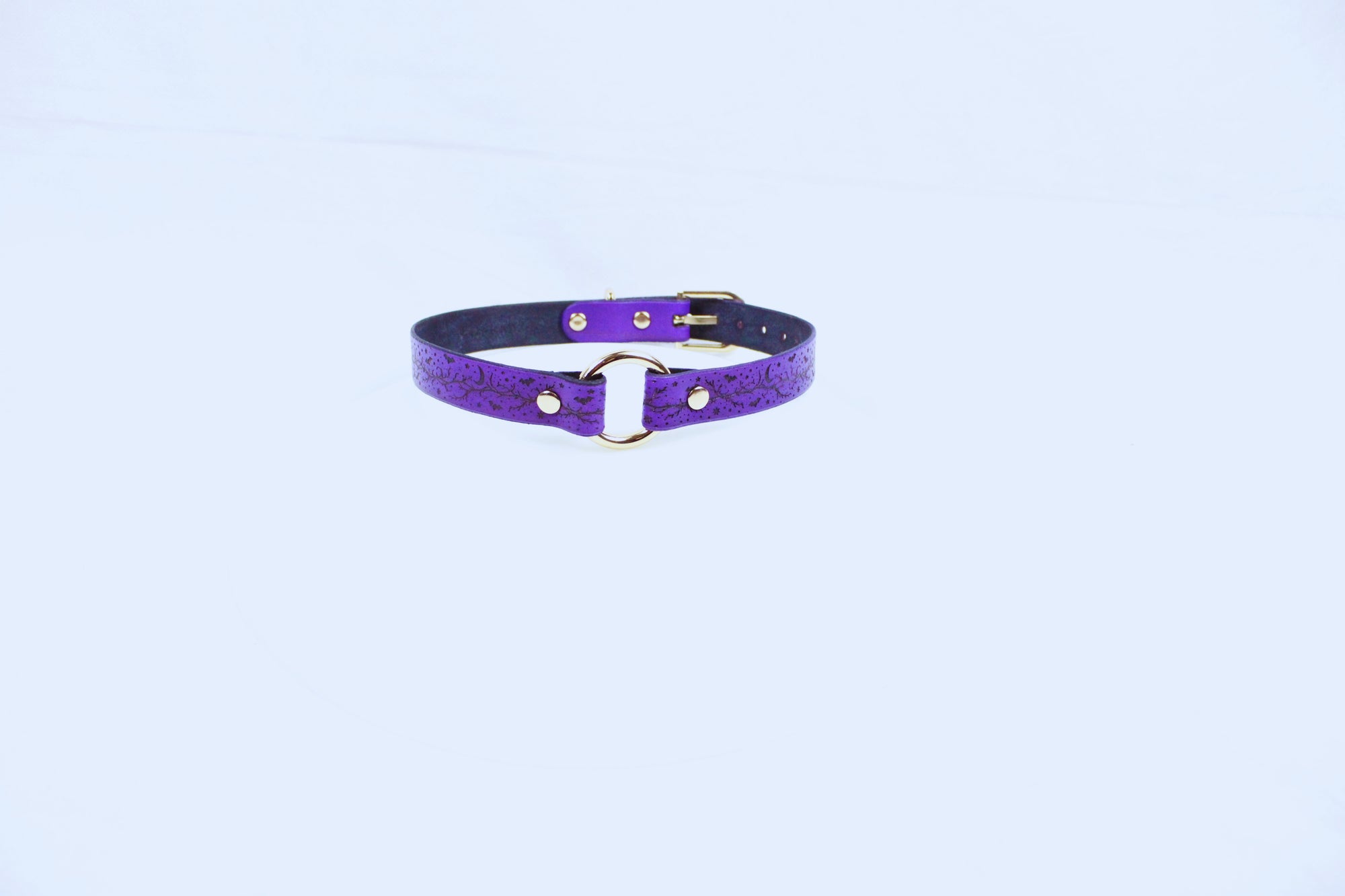 A purple leather collar with a gold buckle is shown against a white background.
