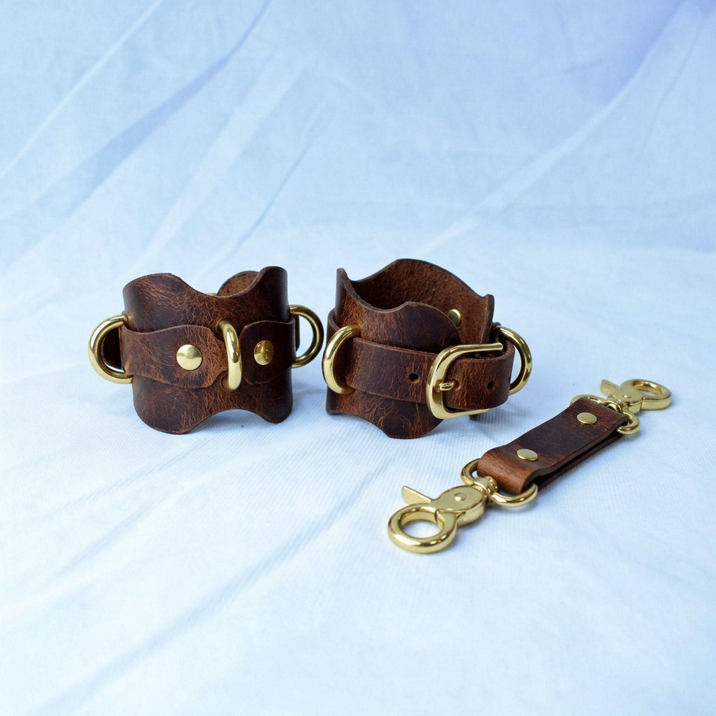 a pair of brown leather cuffs with gold hardware, including buckles and clasps, placed on a white background.