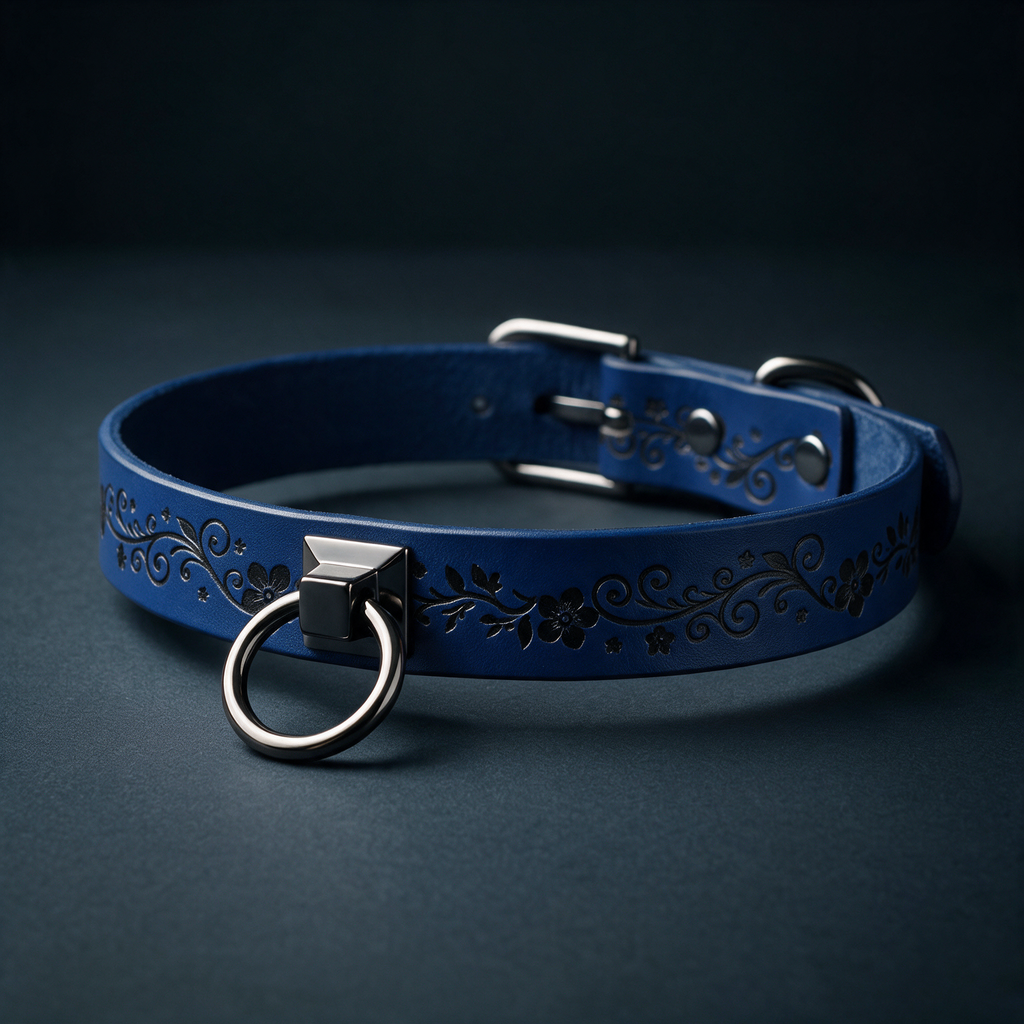 A blue leather collar with a metal ring and decorative floral patterns on the surface.