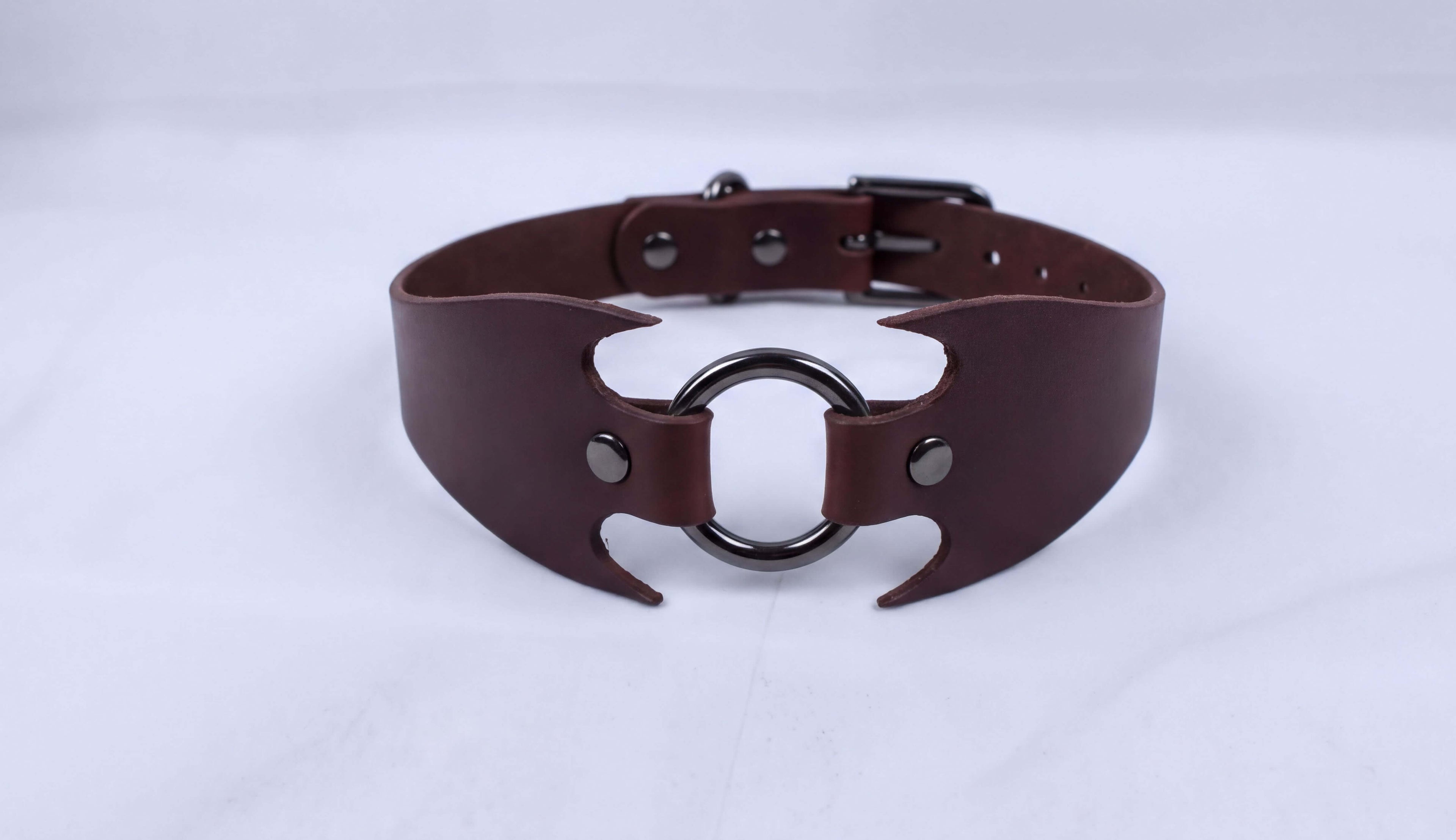 A brown leather choker necklace with a metal ring and buckle.