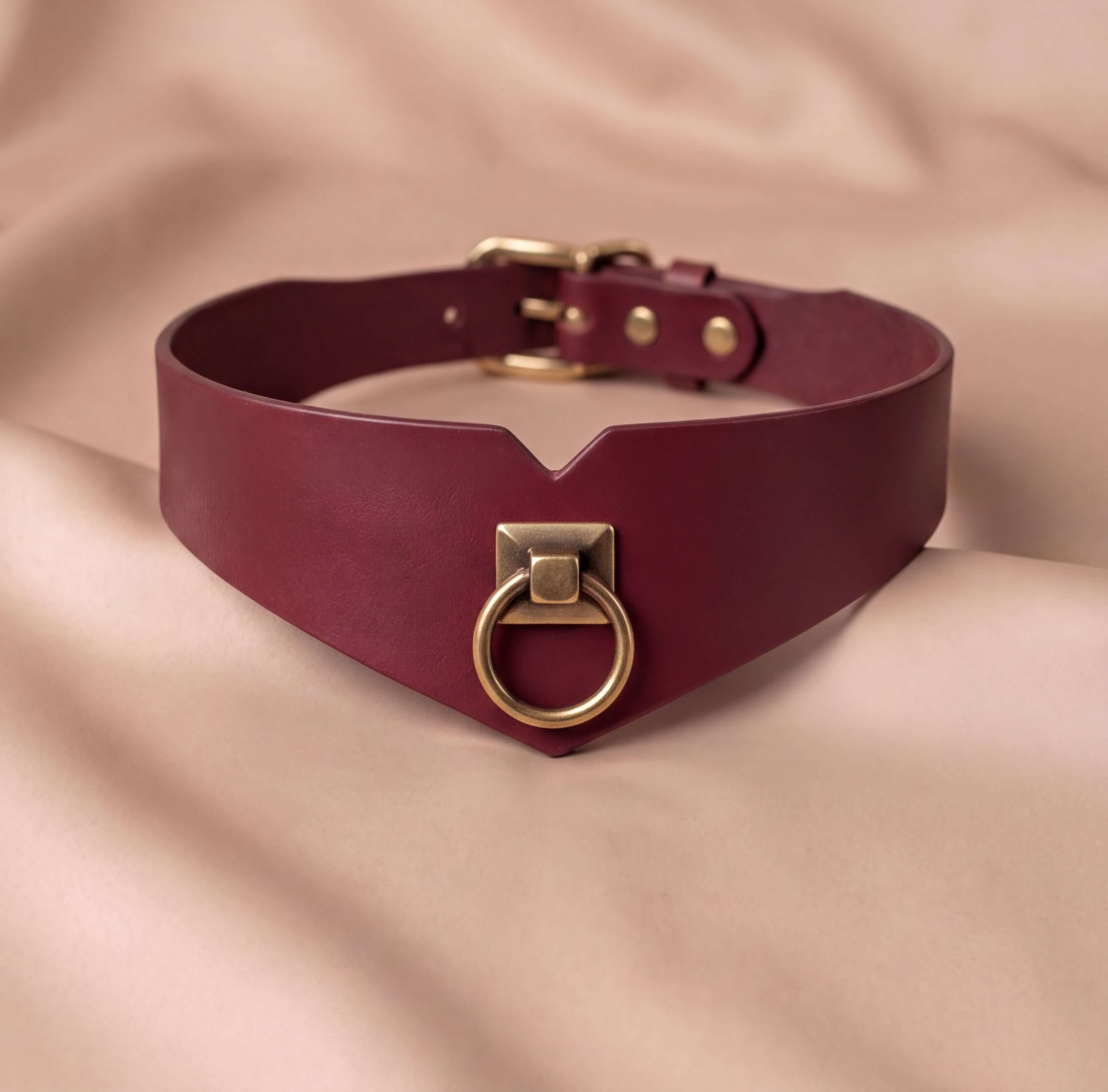 A burgundy leather choker collar with a gold-colored metal ring and buckle.