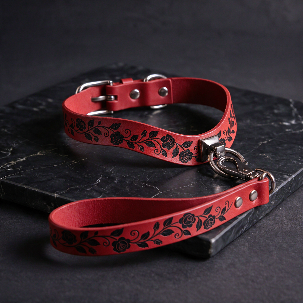 A red leather collar with a floral pattern and a matching leash is displayed on a black surface.