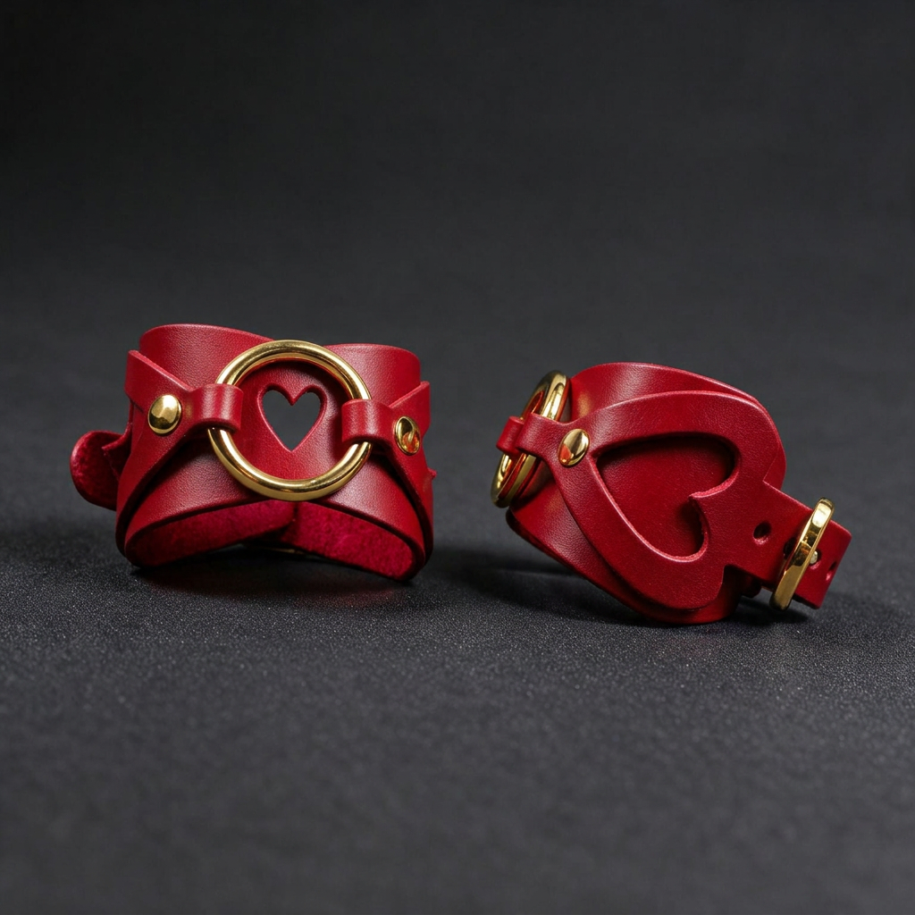 two red leather cuffs with heart-shaped cutouts, placed on a dark background.