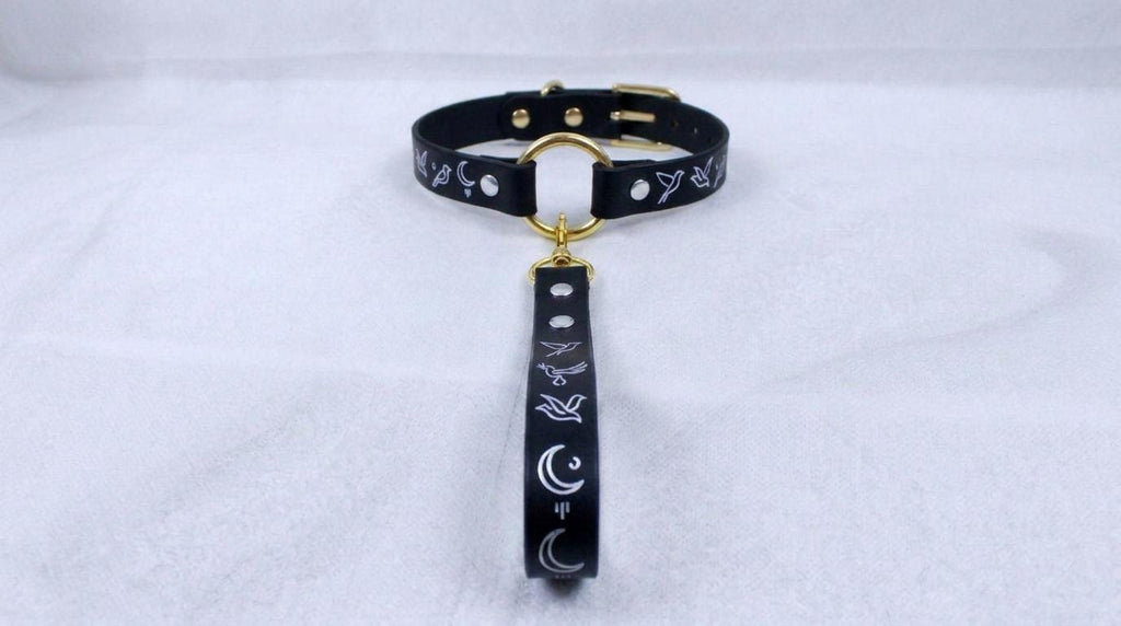 A black leather collar with a gold-colored buckle and a black strap with white designs.