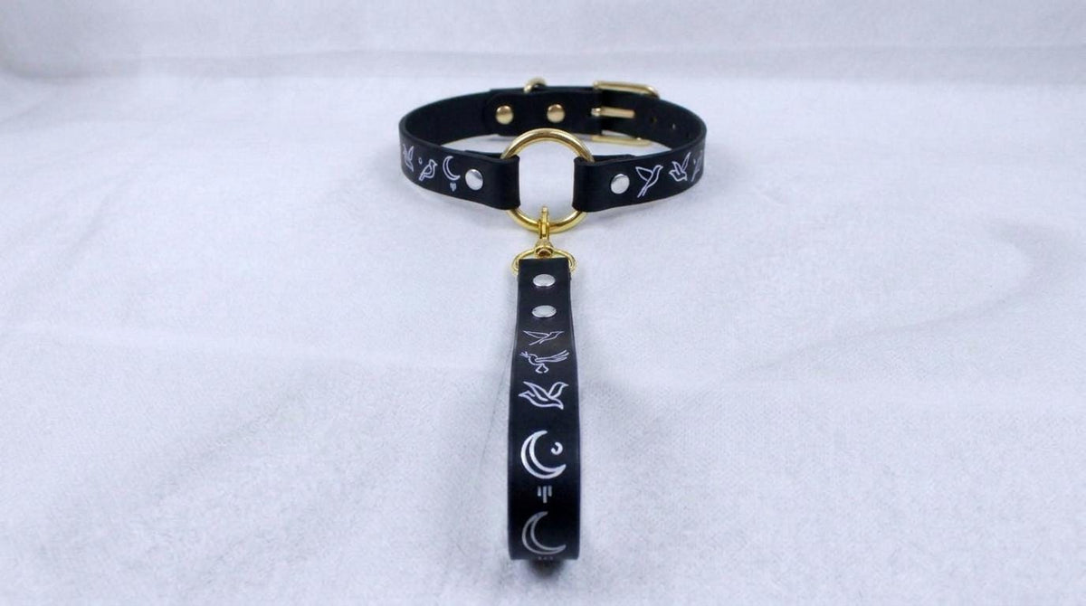 A black leather collar with a gold-colored buckle and a black strap with white designs.