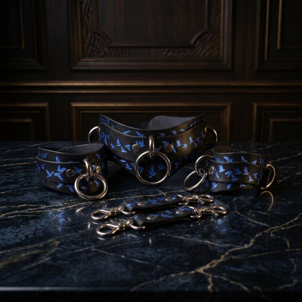 A set of black leather choker necklaces with blue bird designs, arranged on a dark marble surface.