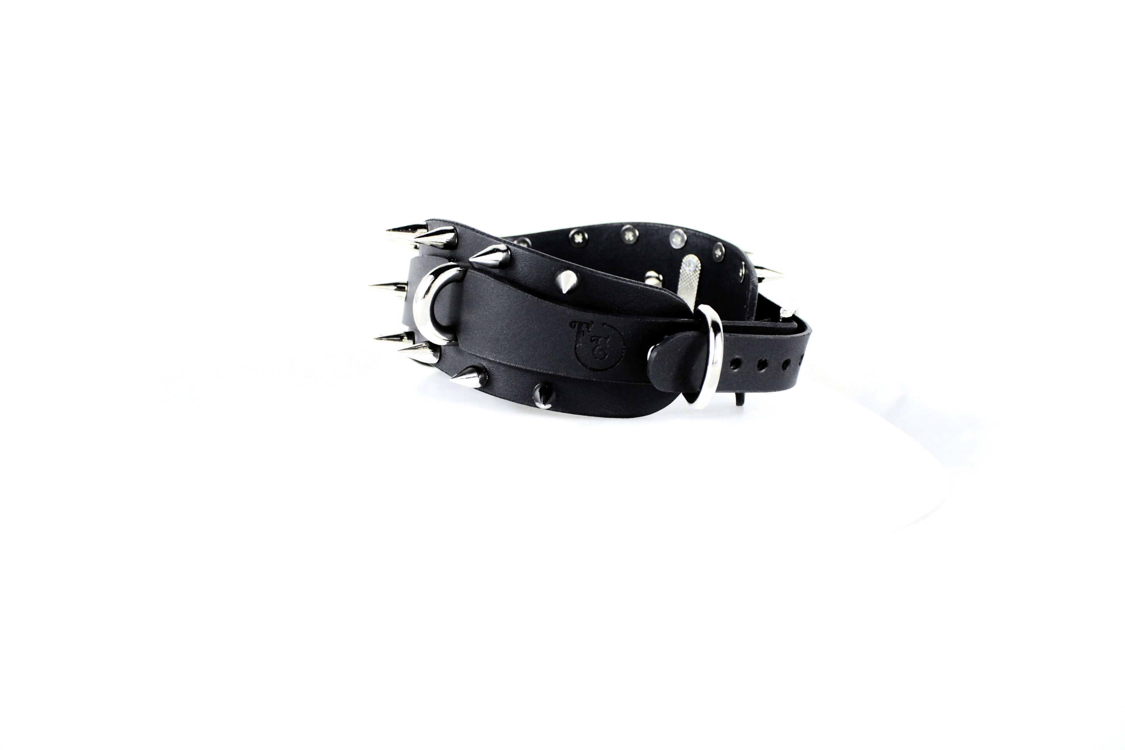 Spiked BDSM Collar with silver spikes and premium black leather for gothic style and posture support.