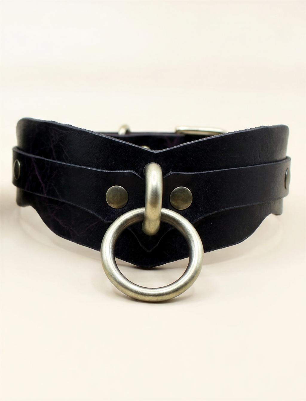 A black leather choker necklace with a metal ring and two metal clasps.