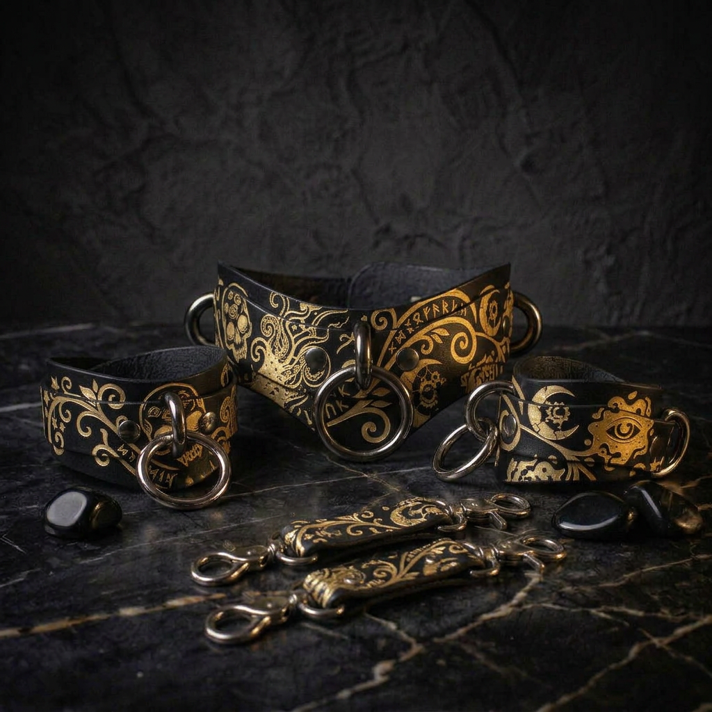 a collection of ornate leather straps with intricate designs, including a central band with a crescent moon and a skull motif, surrounded by smaller straps with similar patterns.