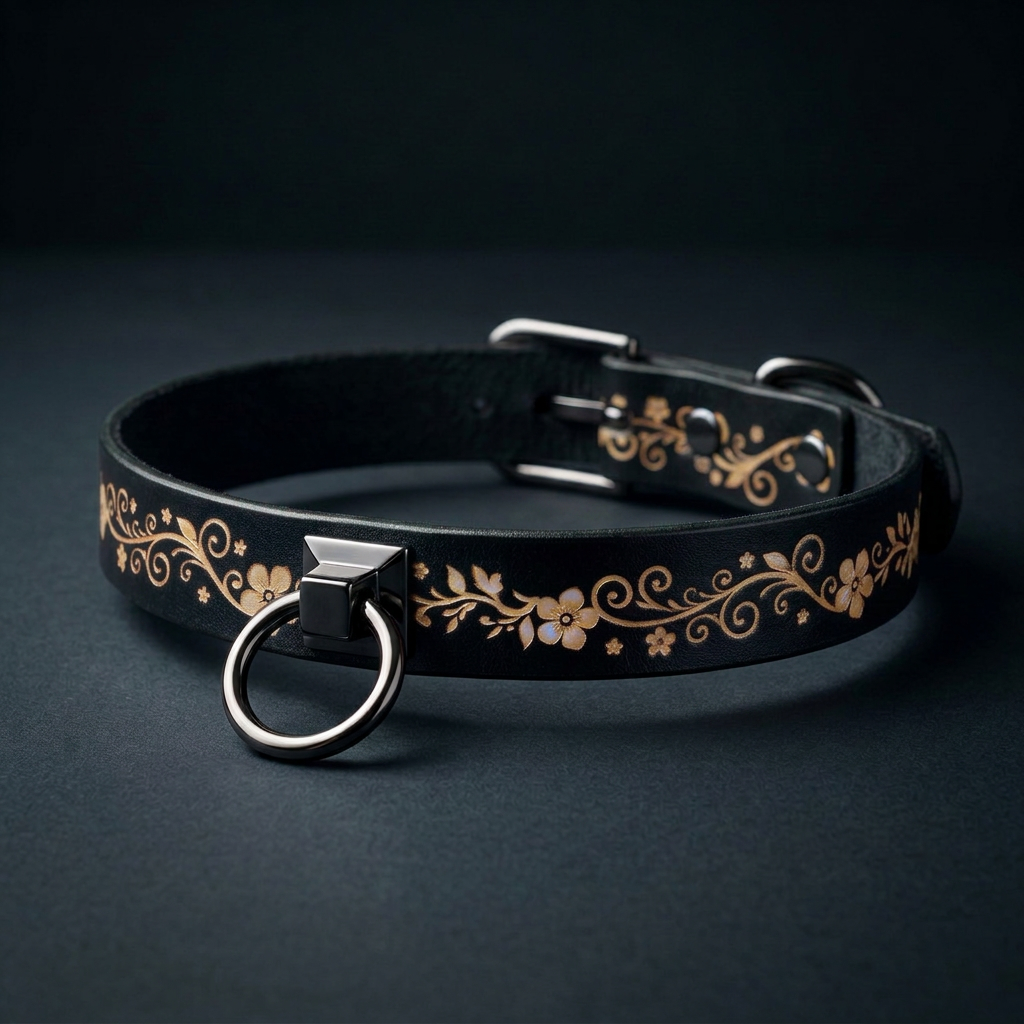 A black leather collar with a floral design and a metal ring on the front.