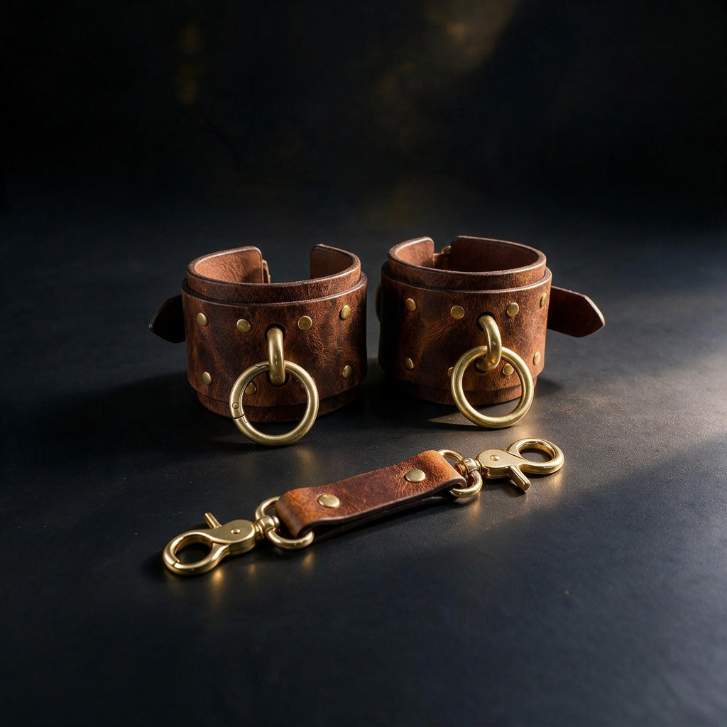 a pair of brown leather cuffs with gold-colored metal rings and buckles, placed on a dark surface. There is also a leather strap with gold-colored metal rings and buckles, which appears to be a part of the cuffs.
