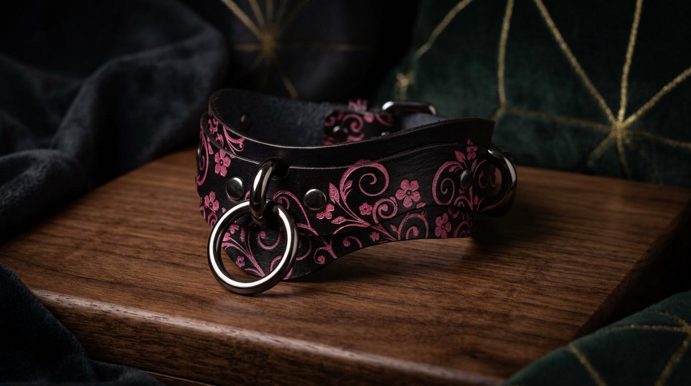 A black leather collar with a floral pattern and metal rings is displayed on a wooden surface.