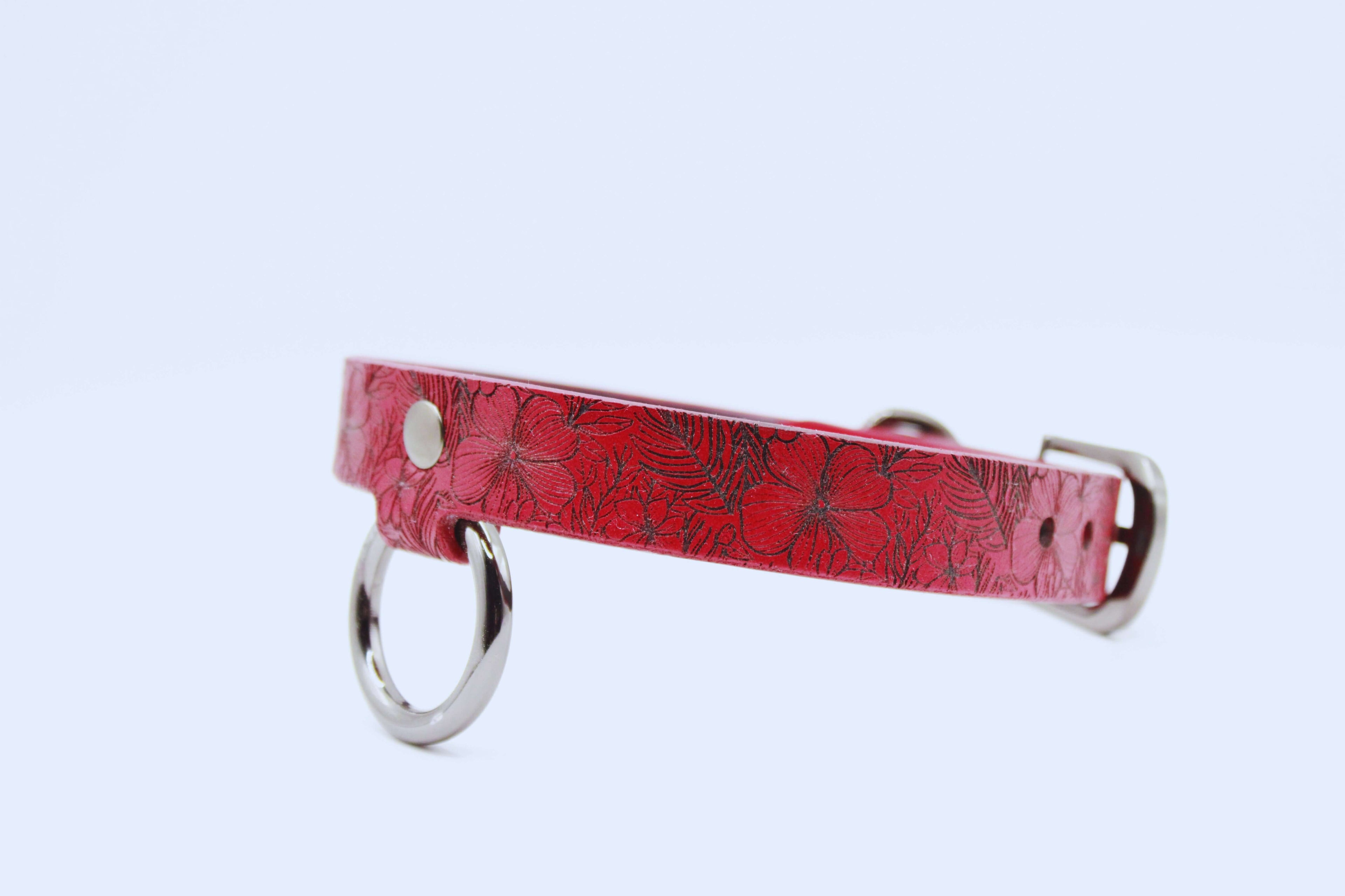 Red floral leather choker collar with metal rings, perfect for a discreet day collar or submissive accessory.