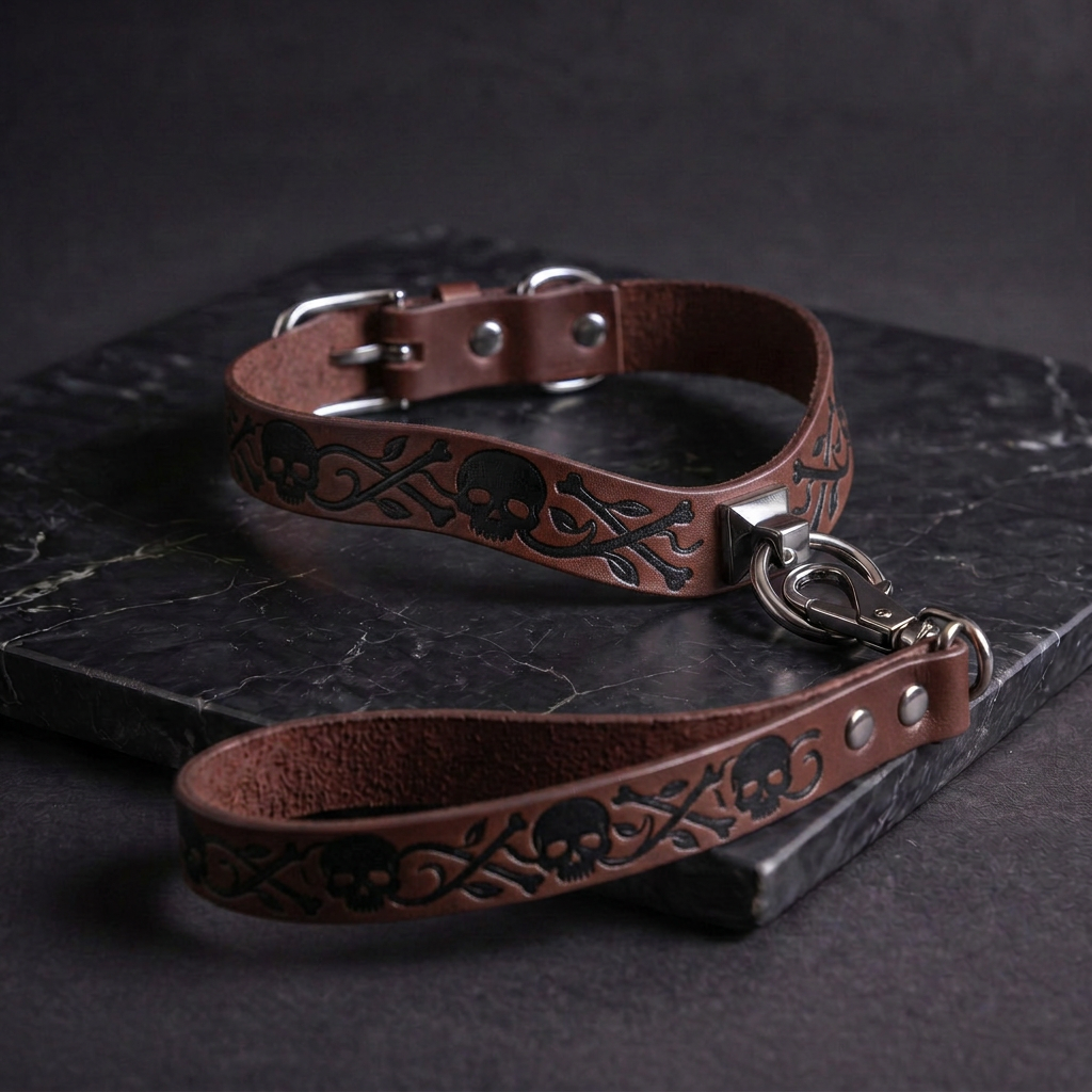 A brown leather collar with a skull and crossbones design, and a matching leash attached to it, resting on a dark surface.
