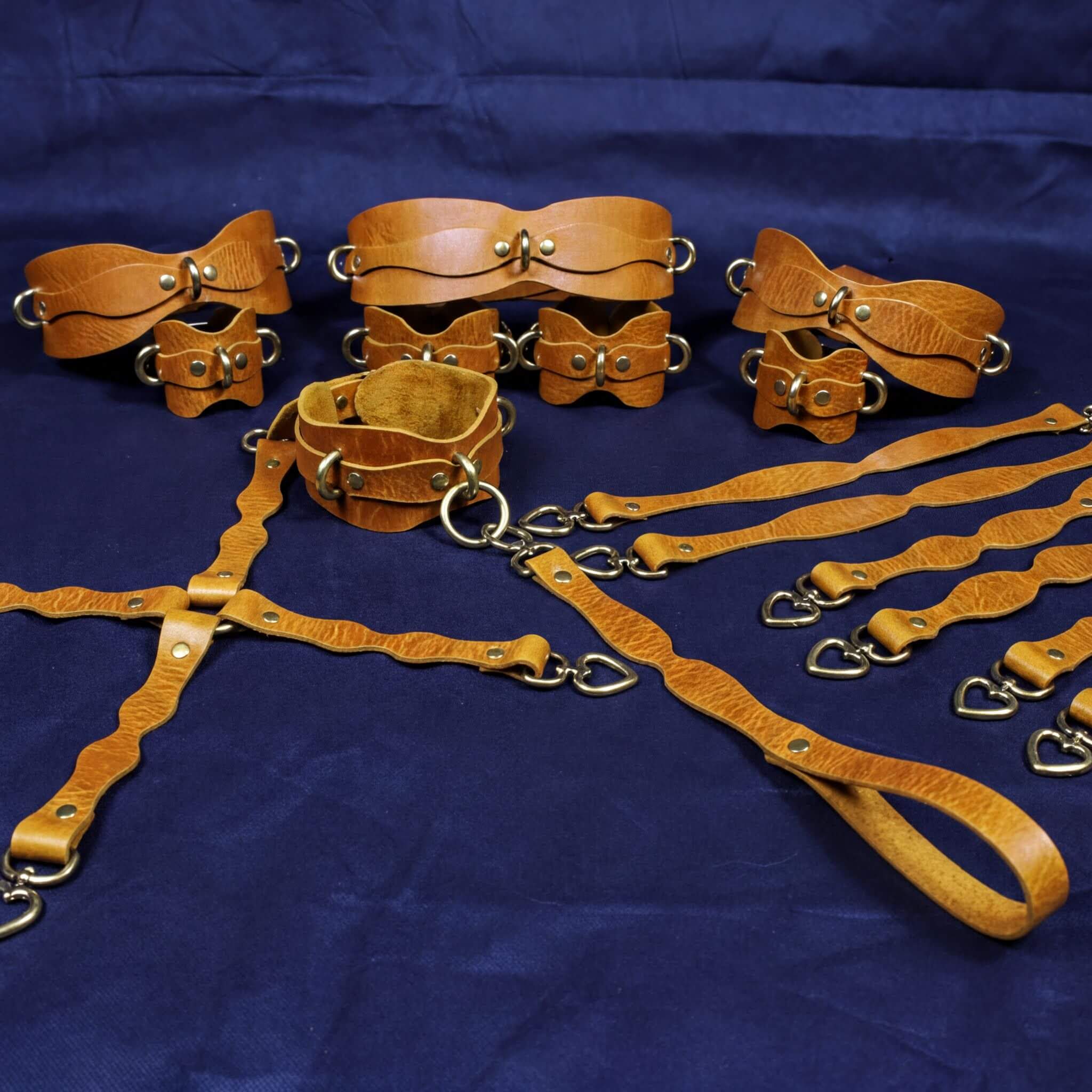 a collection of leather straps and buckles arranged on a blue background.