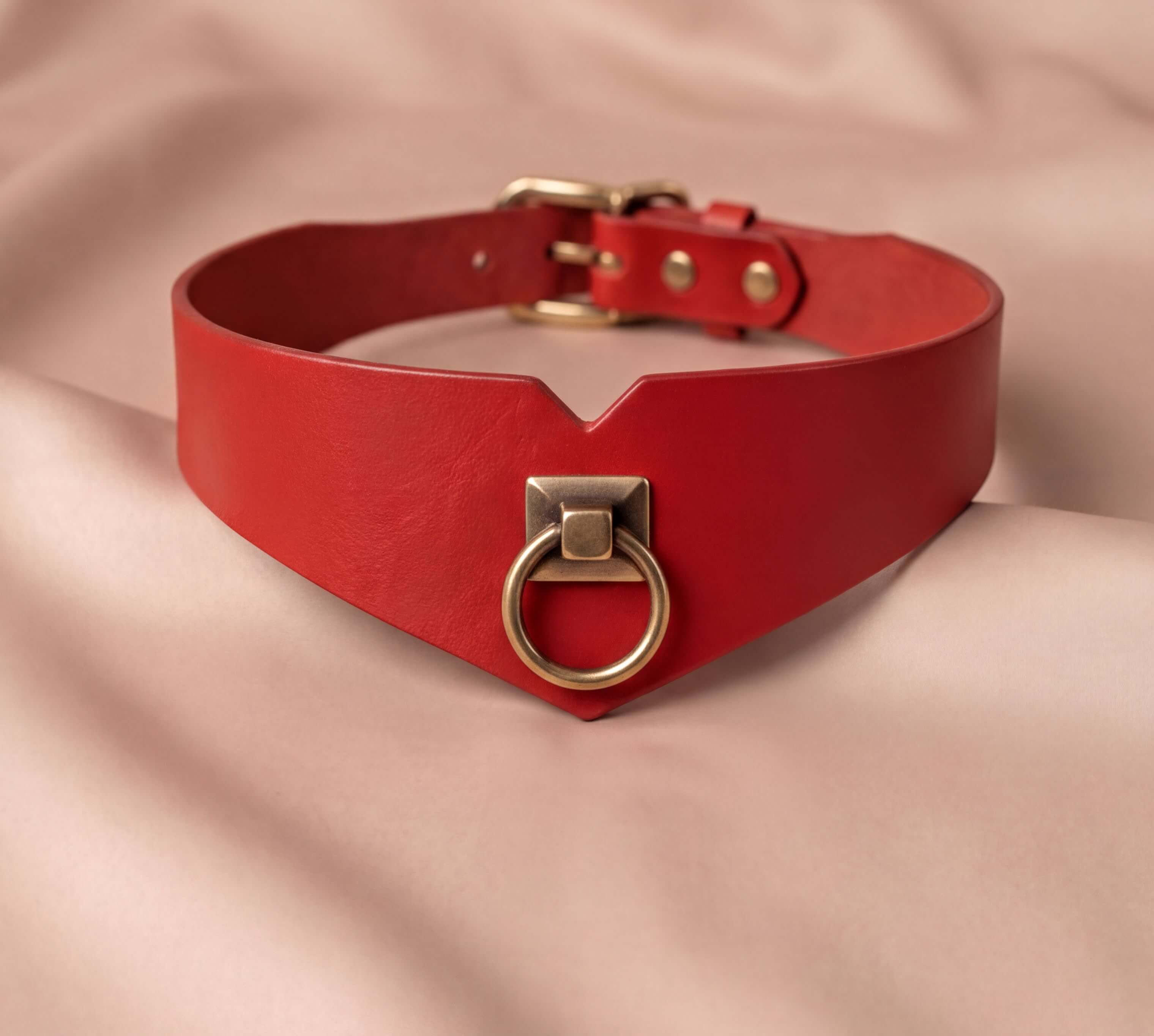 A red leather choker collar with a metal ring and buckle detail.