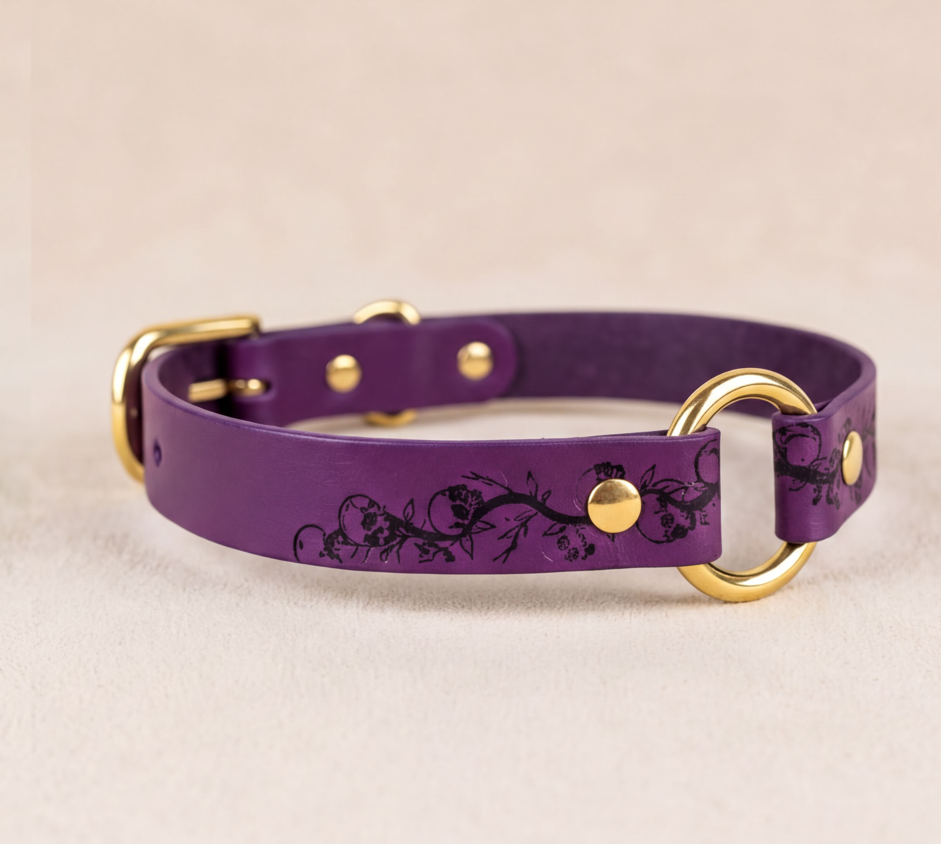 A purple leather dog collar with a gold-colored buckle and ring.