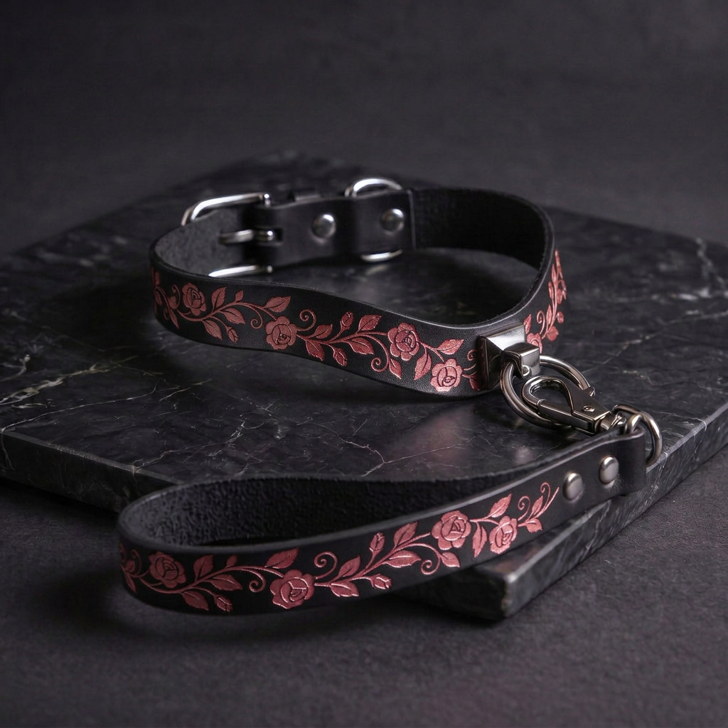 A black leather collar with a floral pattern and a matching leash attached to it, resting on a dark surface.