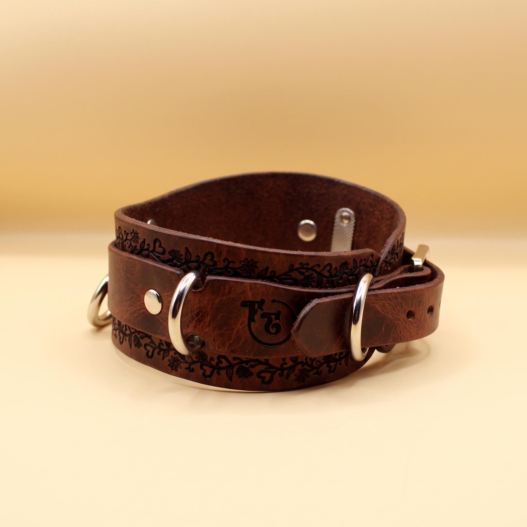 A brown leather collar with metal rings and a decorative pattern on the surface.