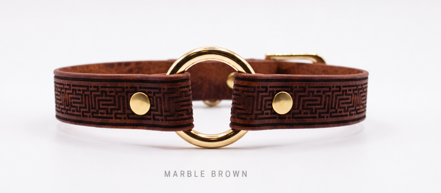 A brown leather collar with a gold-colored metal ring and two gold-colored metal studs.