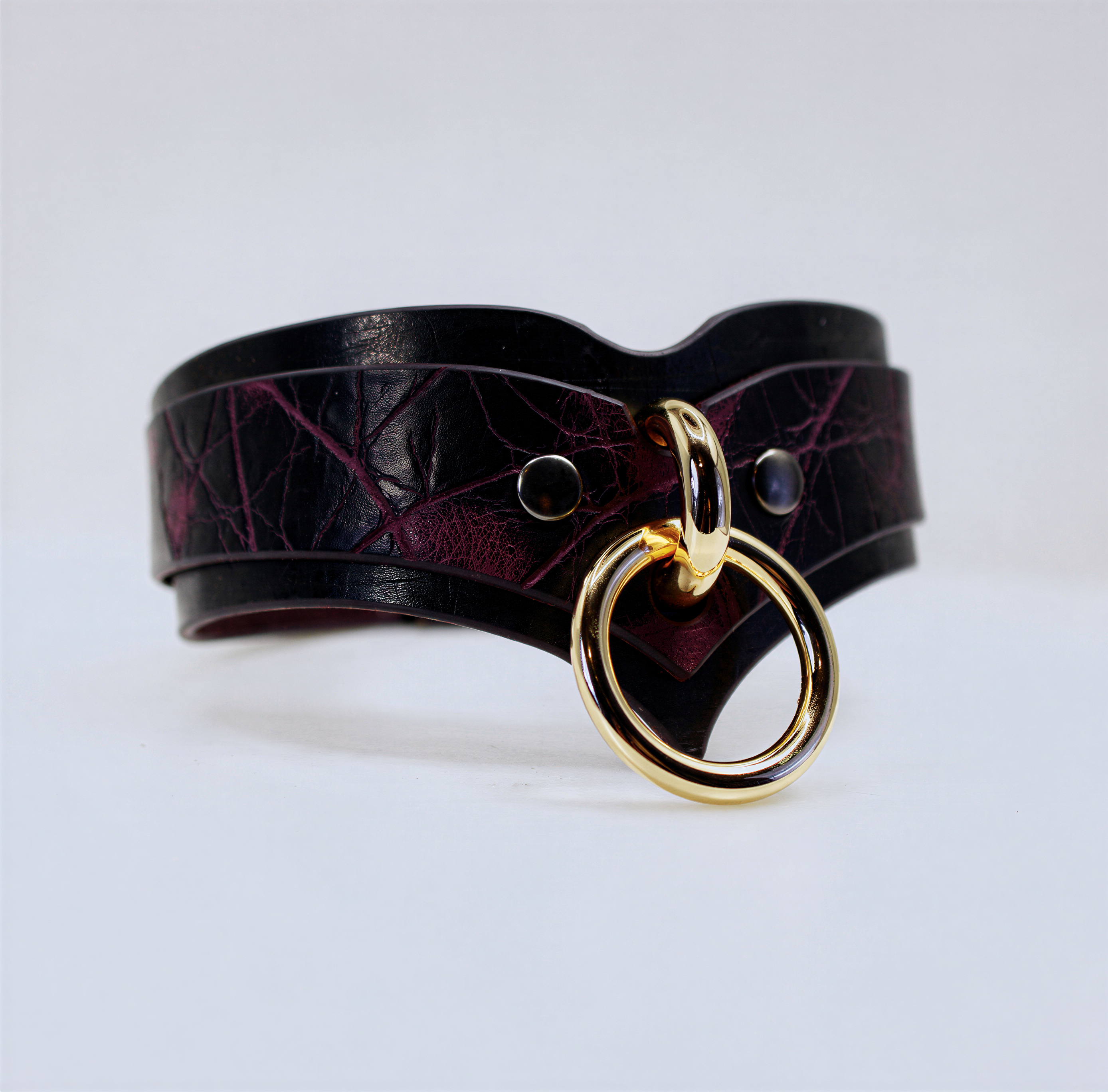 A black leather choker necklace with a gold ring and a black loop on the front.